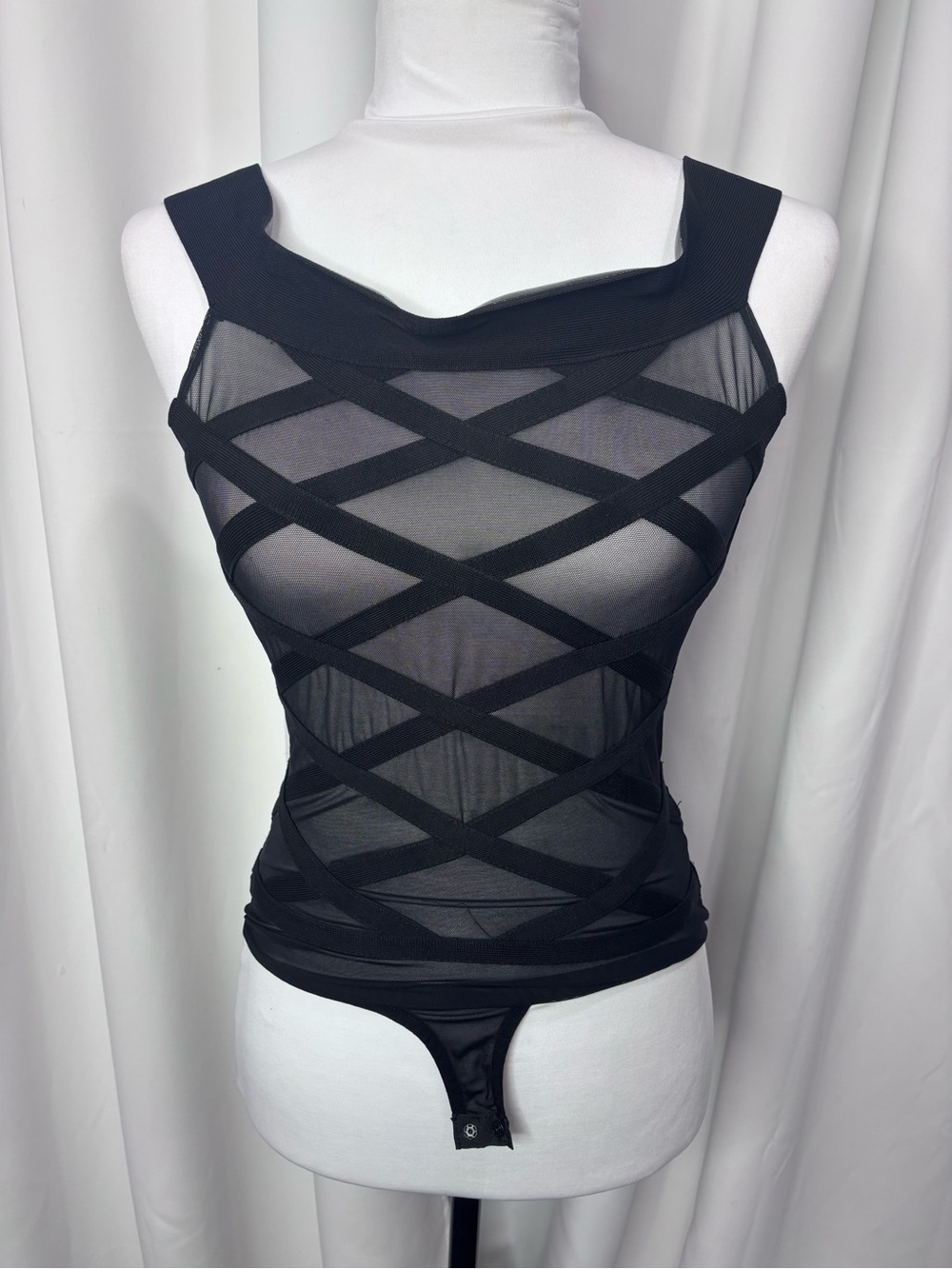 bebe Black Mesh Bodysuit with Logo Tag